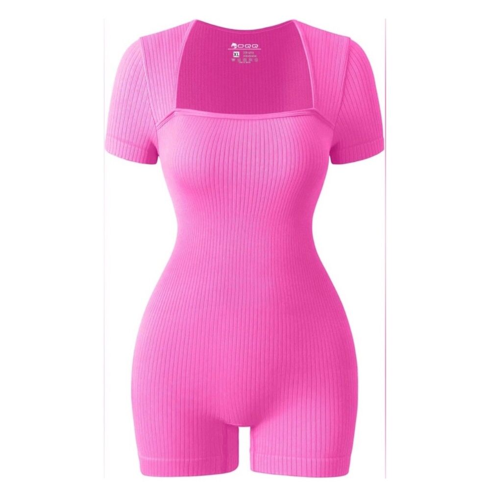 OQQ Hot Pink Ribbed Romper Size Medium